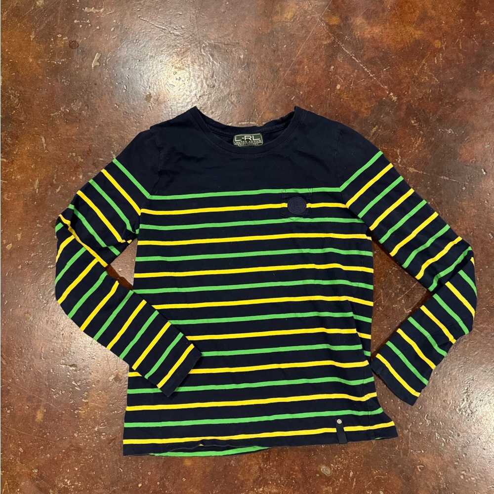 Lauren Ralph Lauren Striped Navy and Lime Long Sleeve Tee